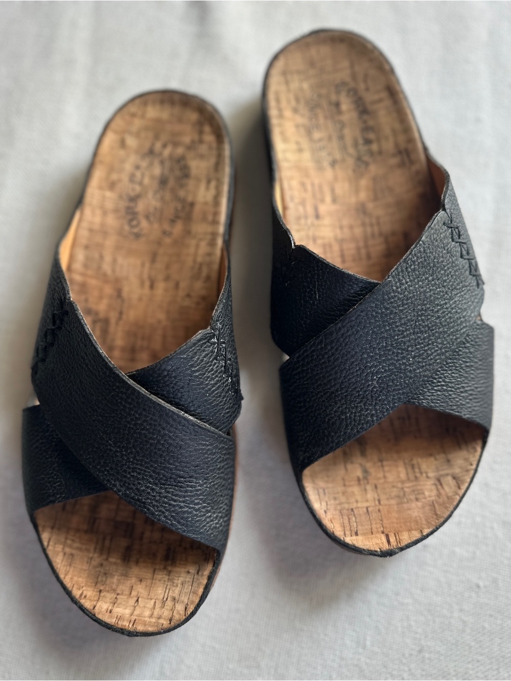 Kork-Ease Tutsi Cross-Band Black Leather Cork Slide Sandals | 9